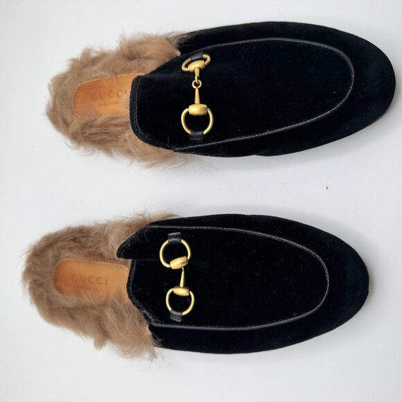 Gucci Princetown Horsebit Flat Mules Velvet Lamb Fur Lined Black Women's EU 36 - Picture 9 of 15